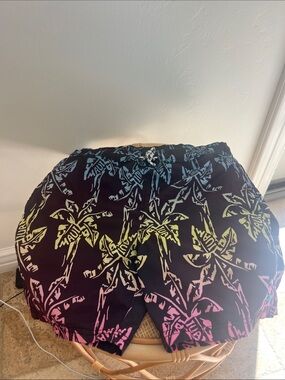 Maui and Sons Black Swim Trunks with Neon Palm Print